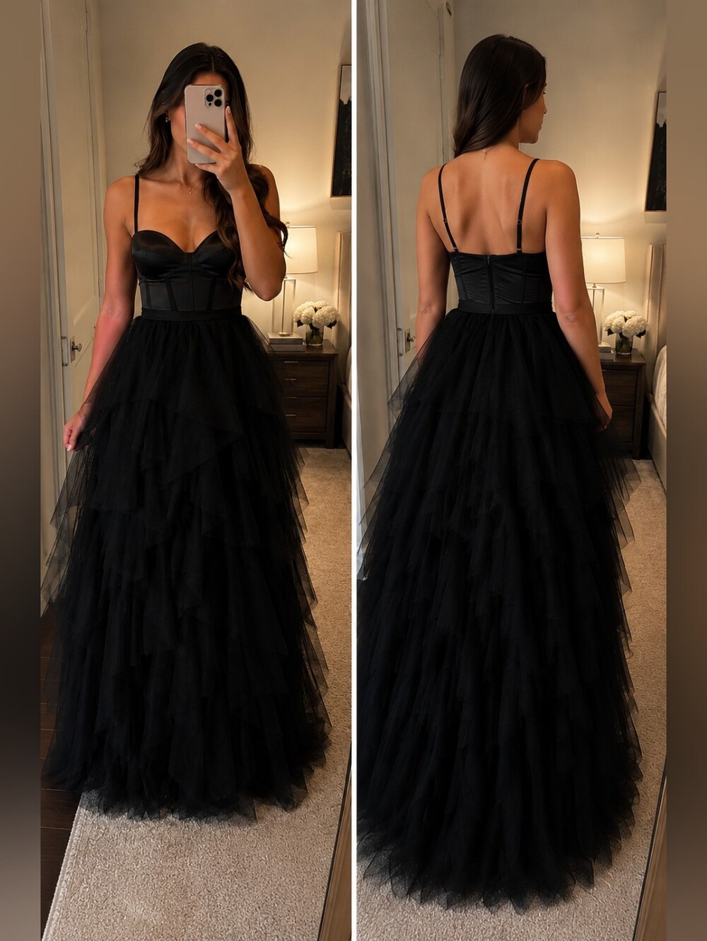 🖤 NWT Black Tiered Tulle Formal Gown | Corset Bodice | Prom | Evening Dress